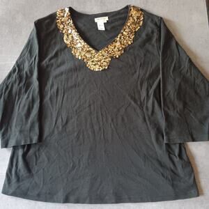 Coldwater Creek Women Black 3/4 Sleeve pretty Pull Over V-Neck Top 3X